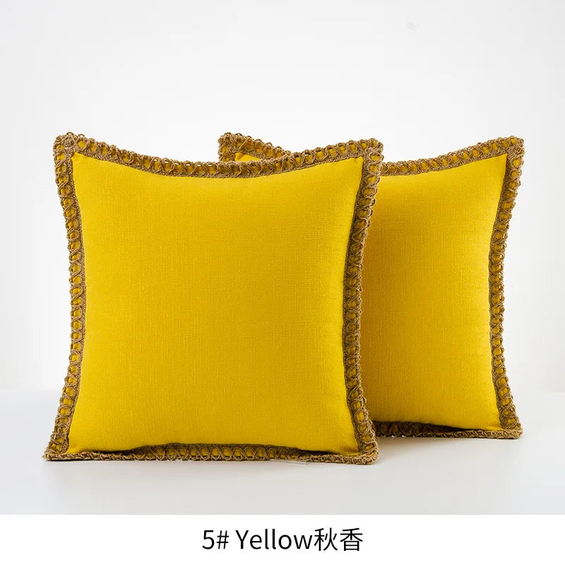Solid Color Cotton Linen Pillow Cover with Jute Rope Trim Boho Decorative 45x45cm Cushion Pillow Case for Sofa Bed Living Room